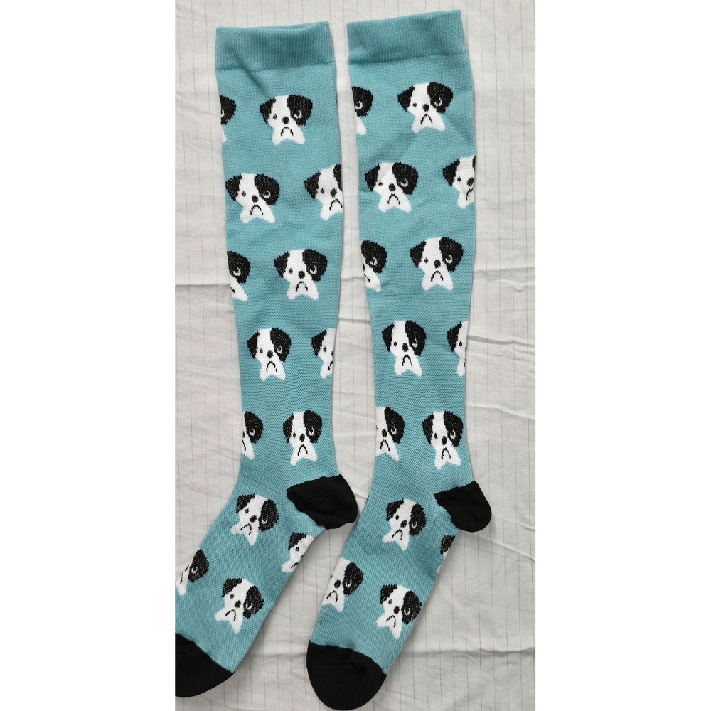 Teal Blue Dog Print Knee High Compression Socks Sad Puppy Athletic Novelty